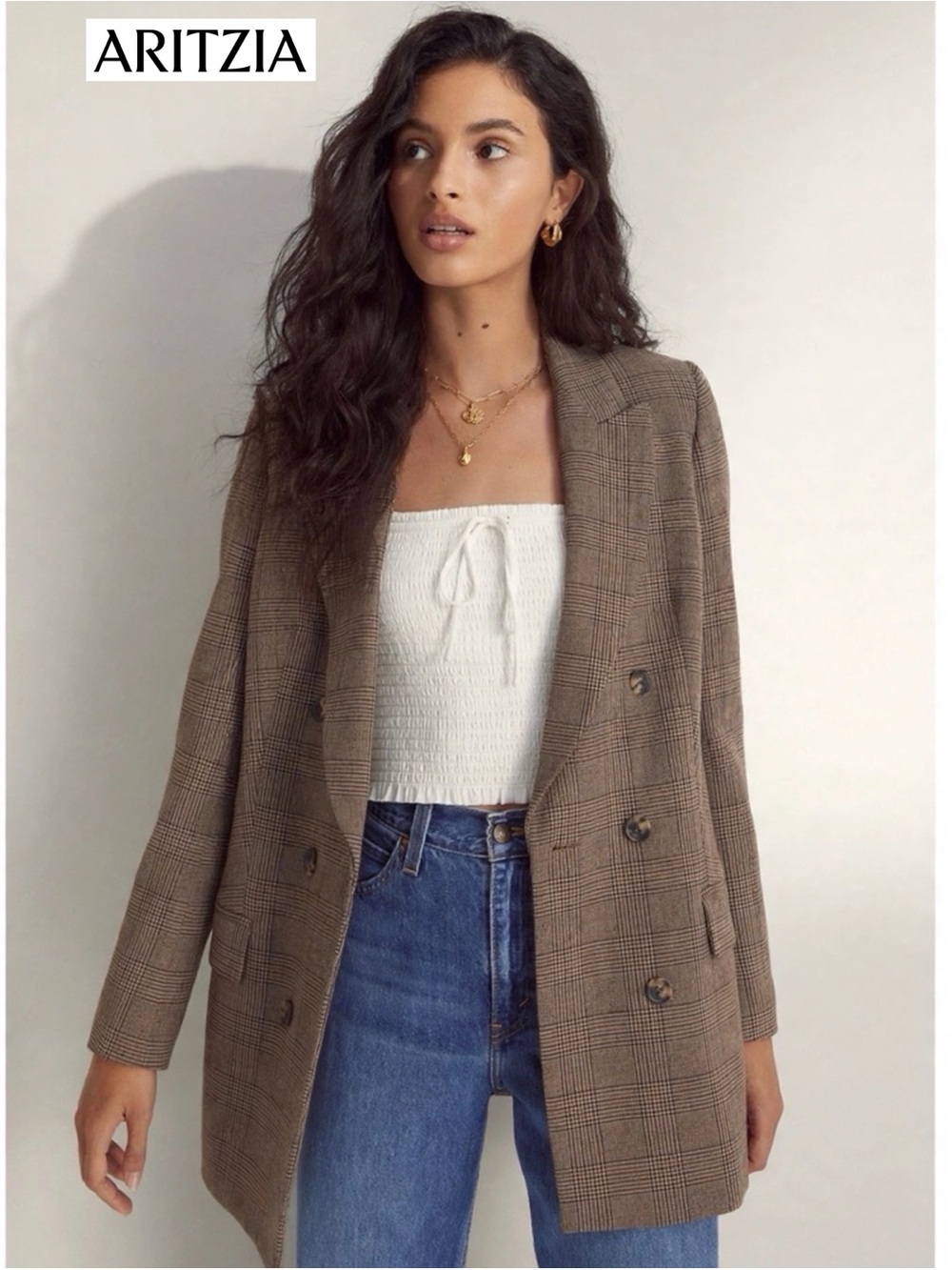 Aritzia Wilfred Margaux Plaid Blazer 10 Trafalgar Check Brown Double Breasted